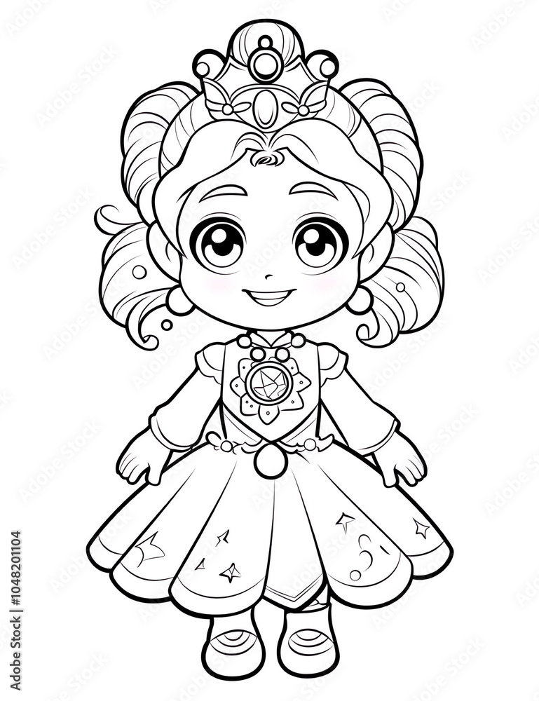 Fototapeta premium Kawaii cute baby princess, coloring page for kids with a white background, clean line art