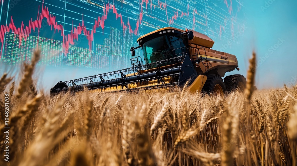 Fototapeta premium A combine harvester in a wheat field with a stock market graph overlay, symbolizing the connection between agriculture and grain market trends.