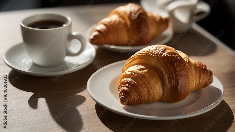 croissant on a plate with a cup of espresso next to it croissant on a plate with a cup of espresso next to it