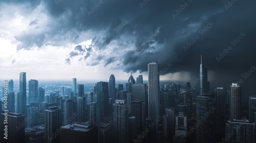 Urban Skyline Under Stormy Skies - Dark Cityscape with Skyscrapers as Rain Descends in Dramatic Atmosphere | Ultra-Detailed Image Urban Skyline Under Stormy Skies - Dark Cityscape with Skyscrapers as Rain Descends in Dramatic Atmosphere | Ultra-Detailed Image