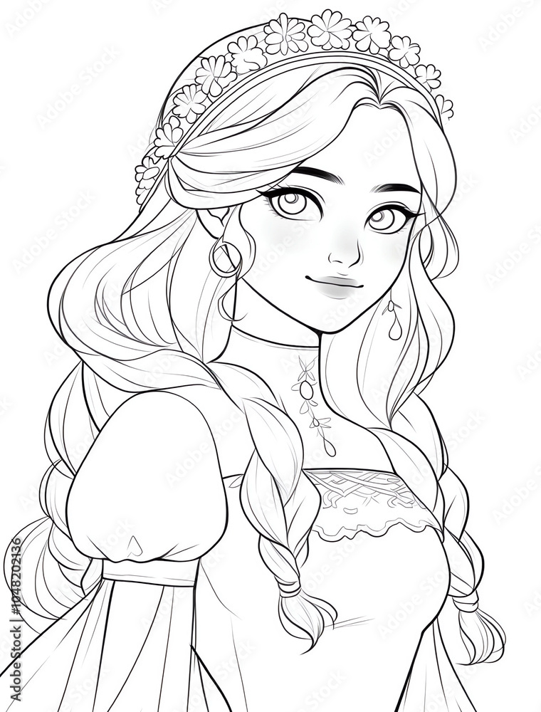 A simple coloring book page of a princess with long hair in braids, wearing an elegant dress and tiara A simple coloring book page of a princess with long hair in braids, wearing an elegant dress and tiara