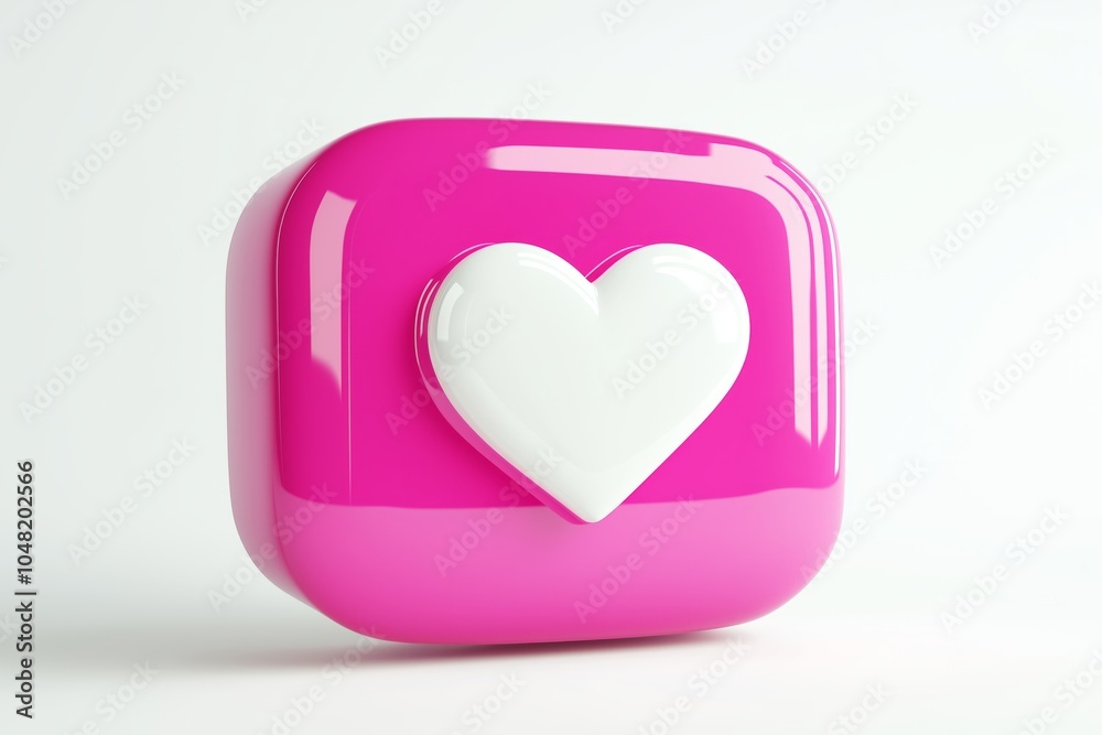 Bright pink rounded square button with a raised white heart symbol, glossy finish Bright pink rounded square button with a raised white heart symbol, glossy finish