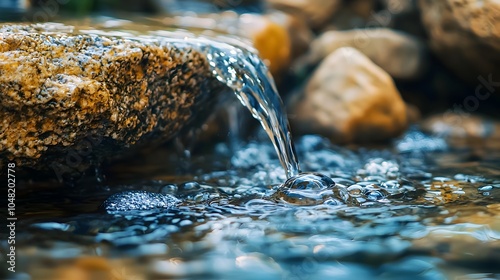 Captivating Water Drop Bouncing on Rocky Mountain Stream Symbolizing Nature s Endless Flow photo