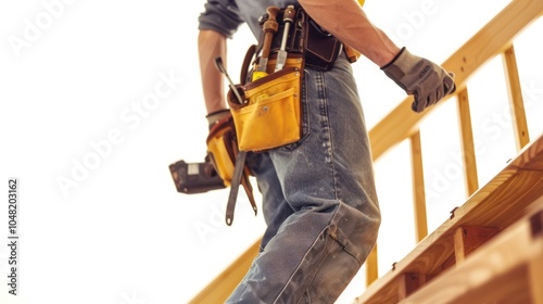 Construction Worker Wearing Tool Belt and Gloves on a Wooden Structure