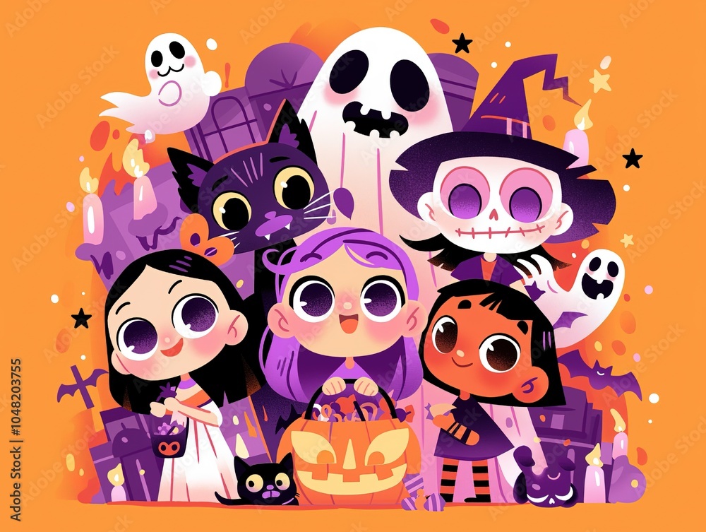halloween party at william's house, cartoon characters, children dressed in halloween costumes and holding candy bags, bright orange background with yellow stripes and purple dots for each character, 