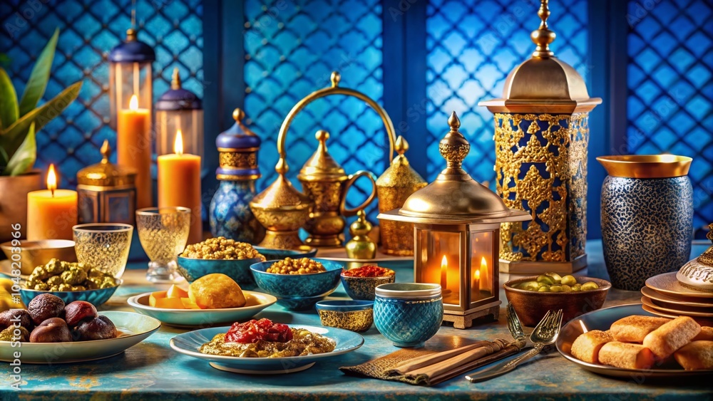 Elegant Eid al-Fitr Celebration with Premium Blue and Gold Design, Festive Table Setup, and Gourmet Dishes for Food Elegant Eid al-Fitr Celebration with Premium Blue and Gold Design, Festive Table Setup, and Gourmet Dishes for Food