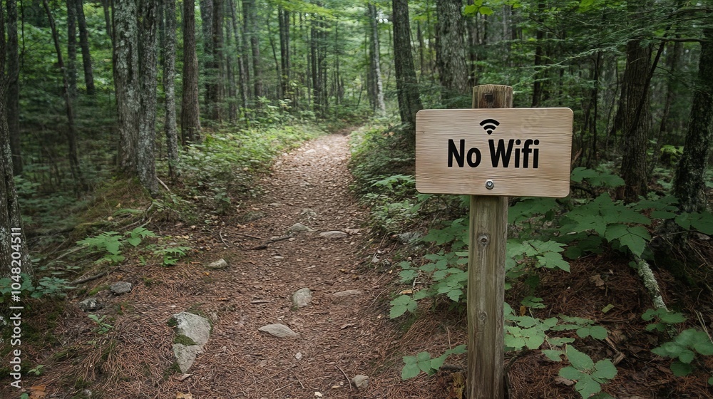 A wooden sign on the side of an outdoor trail in a forest with the text 