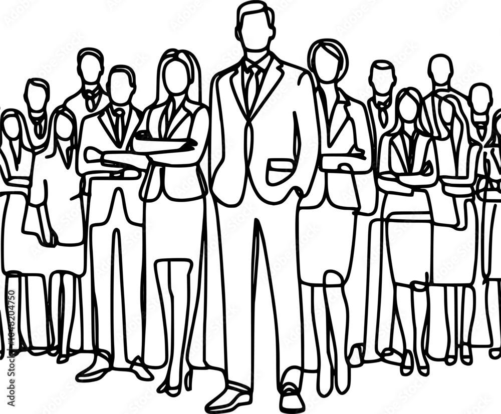 the continuous line drawing of a diverse group of standing people