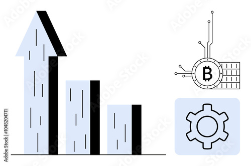 Three bar charts with an upward arrow representing growth next to a blockchain symbol for Bitcoin. Ideal for financial growth, cryptocurrency, blockchain technology, business performance, technology