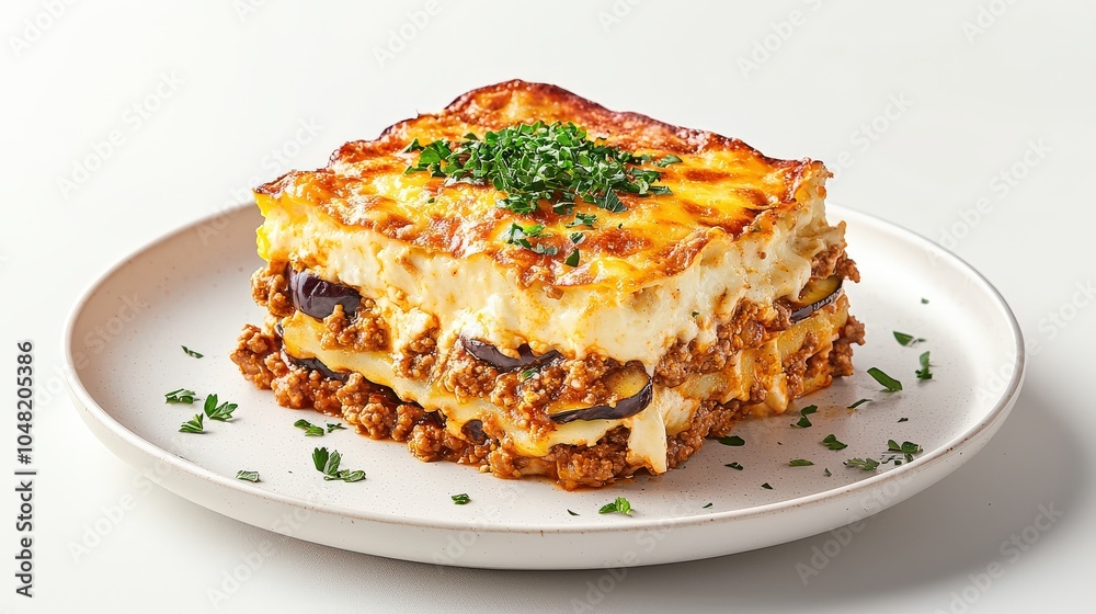 A traditional plate of moussaka featuring layers of eggplant, ground meat, and bechamel sauce, elegantly presented against a white background for emphasis. A traditional plate of moussaka featuring layers of eggplant, ground meat, and bechamel sauce, elegantly presented against a white background for emphasis.