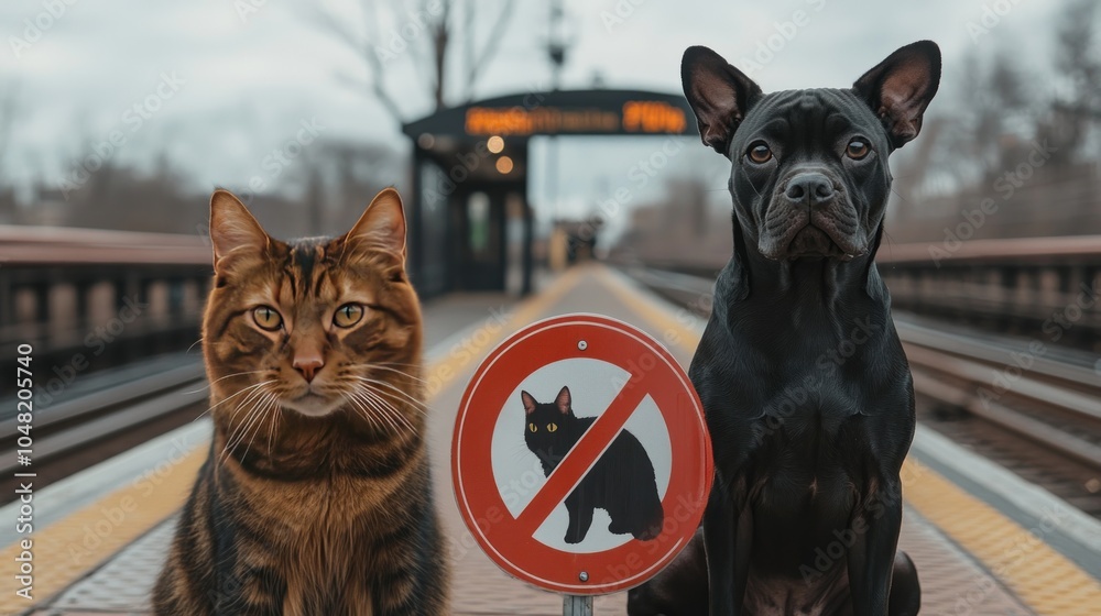 A cat and dog sit beside a no-cat sign at a train station. A cat and dog sit beside a no-cat sign at a train station.