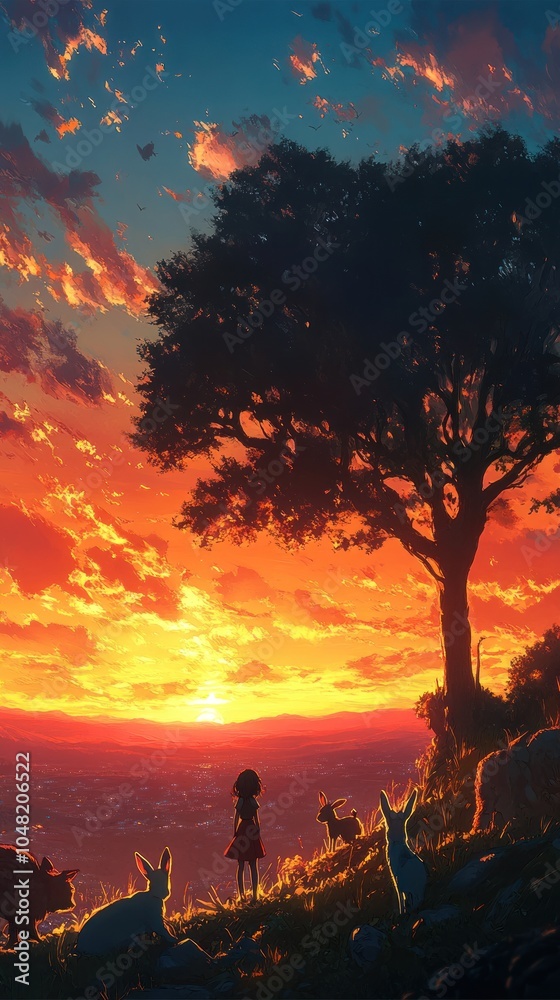 Fototapeta premium A serene sunset scene featuring a silhouette of a person and animals under a large tree.