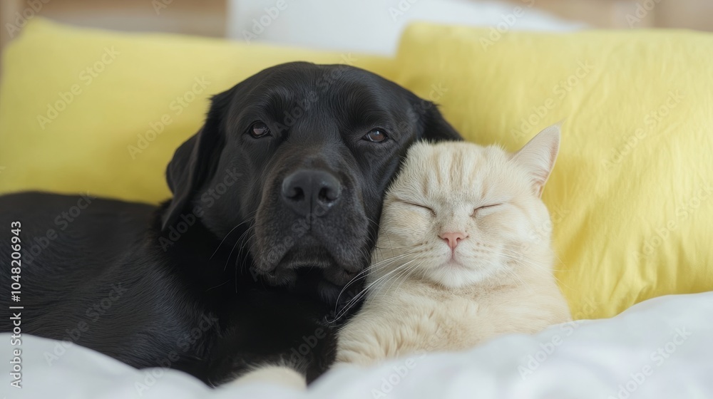 Black Labrador and White Cat Sleeping Together on a Yellow Pillow Black Labrador and White Cat Sleeping Together on a Yellow Pillow