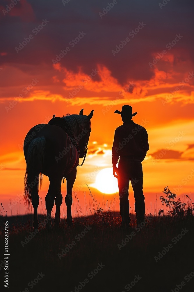 Silhouette of a cowboy and horse against a vibrant sunset. Silhouette of a cowboy and horse against a vibrant sunset.