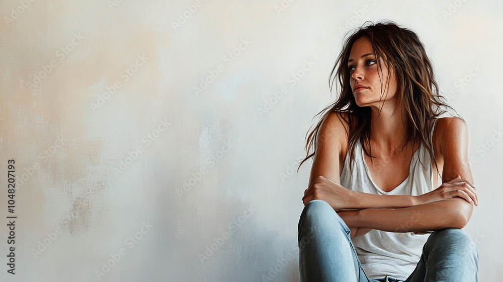 Obraz premium Woman in Seated Pose Looking to the Side