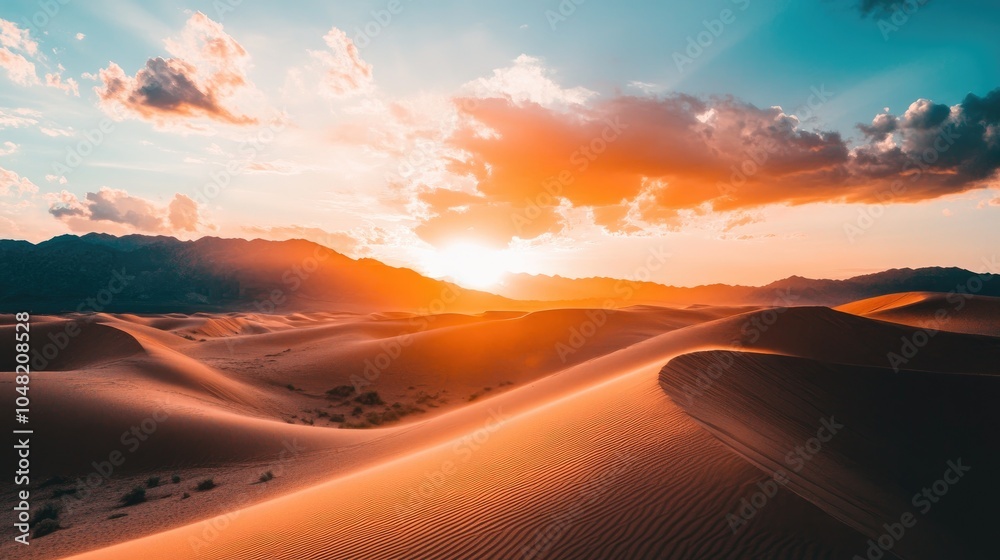 A dramatic sunset over a desert landscape with towering sand dunes, casting a warm glow and creating a captivating, surreal visual A dramatic sunset over a desert landscape with towering sand dunes, casting a warm glow and creating a captivating, surreal visual