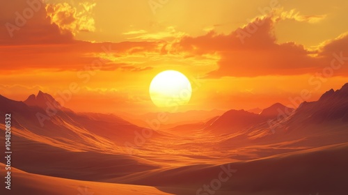 A dramatic sunset over a desert landscape with towering sand dunes, casting a warm glow and creating a captivating, surreal visual