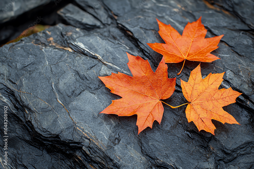 Artistic flatlay of orange maple leaves on textured stone, warm natural tones, minimal autumn design Artistic flatlay of orange maple leaves on textured stone, warm natural tones, minimal autumn design