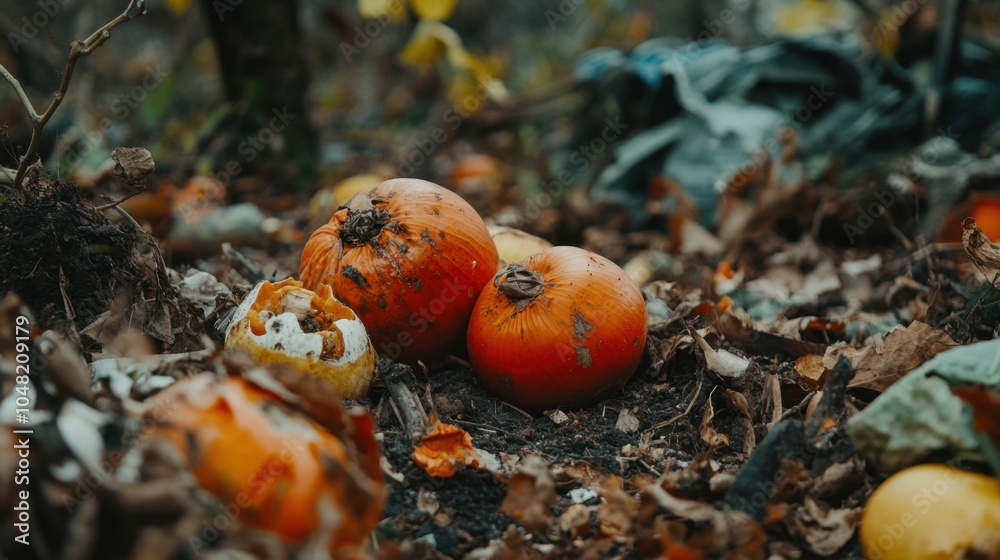 Rotten fruits and vegetables discarded on a farm, showing the decaying produce with visible signs of spoilage and waste, highlighting food loss