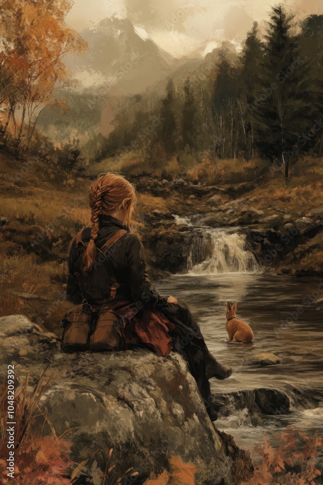 A serene scene of a girl by a stream with a cat, surrounded by nature's beauty. A serene scene of a girl by a stream with a cat, surrounded by nature's beauty.