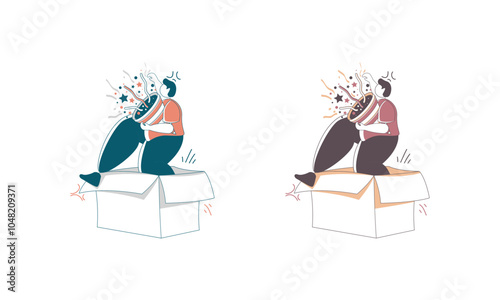 Two People Popping Out of Boxes with Confetti and Stars photo