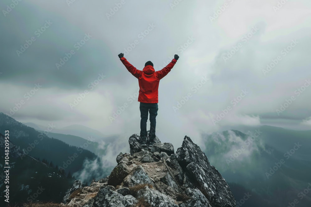 Obraz premium A man in a red jacket is standing on a mountain top