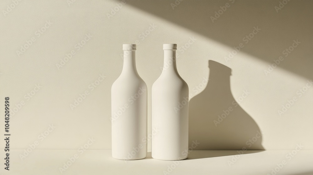 Two plain white bottles standing side-by-side, isolated on a light background, with shadows for depth and a minimalist vibe. Two plain white bottles standing side-by-side, isolated on a light background, with shadows for depth and a minimalist vibe.