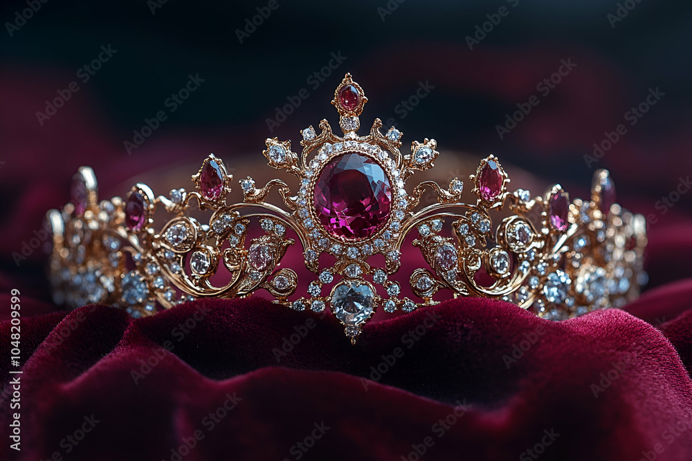 A stunning tiara adorned with intricate designs, featuring sparkling diamonds and a central ruby stone, set against a luxurious background. A stunning tiara adorned with intricate designs, featuring sparkling diamonds and a central ruby stone, set against a luxurious background.