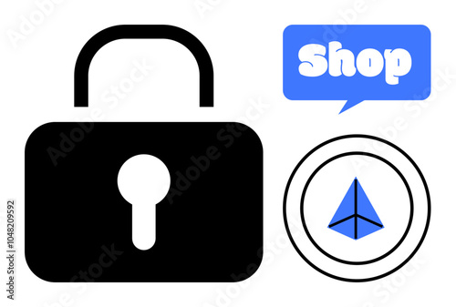 Black lock symbol, blue shop speech bubble, and blue paper airplane icon within a circle. Ideal for e-commerce, online security, website design, digital transactions, user interface