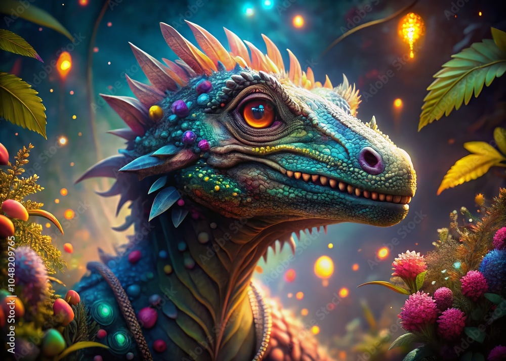 Obraz premium Enchanting Close-Up of a Magical Dinosaur in High Dynamic Range Fantasy Illustration