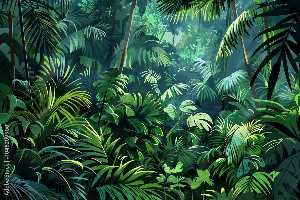 Fototapeta premium A lush green jungle with tall trees and a variety of plants