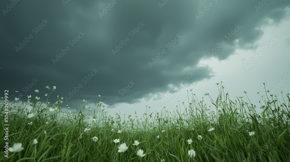 Obraz premium Dual Nature's Symphony - Wildflower Field Swaying in Wind with Dark Ominous Clouds Gathering, Ultra-Detailed Photography of Contrasting Elements