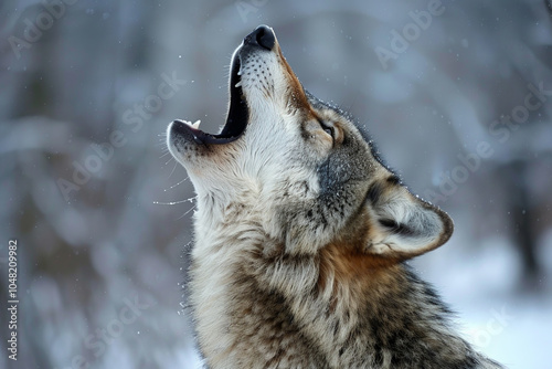 A wolf is howling in the snow photo