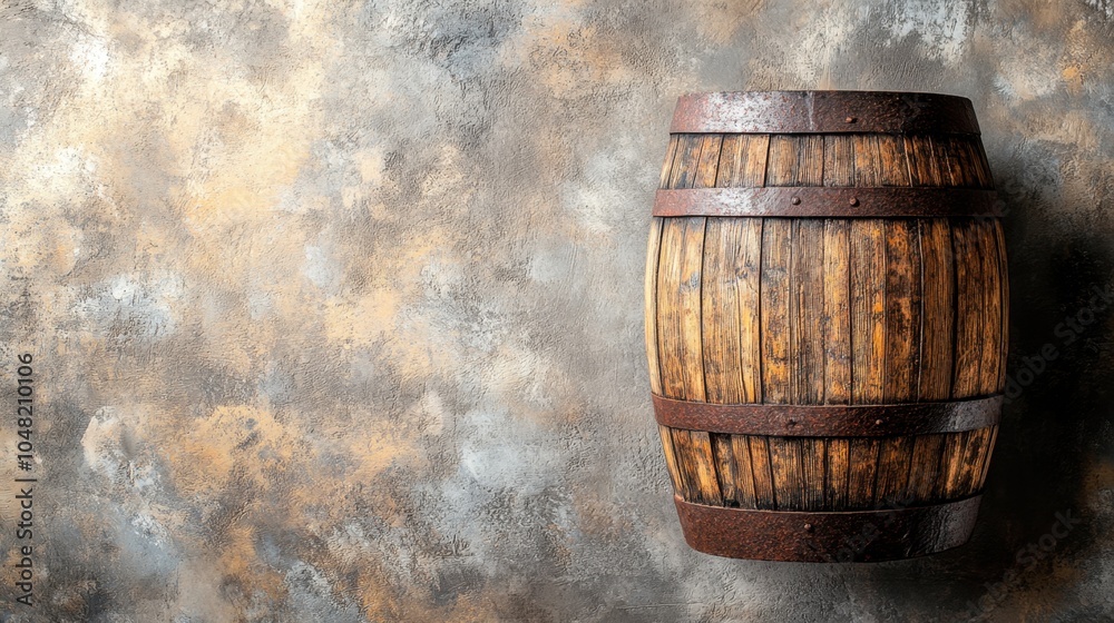 Fototapeta premium Rustic wooden barrel with iron bands, isolated on a neutral background, perfect for retro, vintage, and old-fashioned storage themes