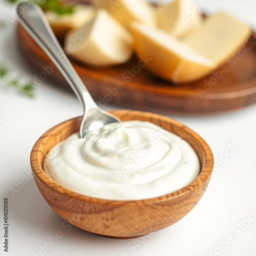 sour cream in wooden bowl and spoon mayonnaise yogurt isolated on white background full depth of field