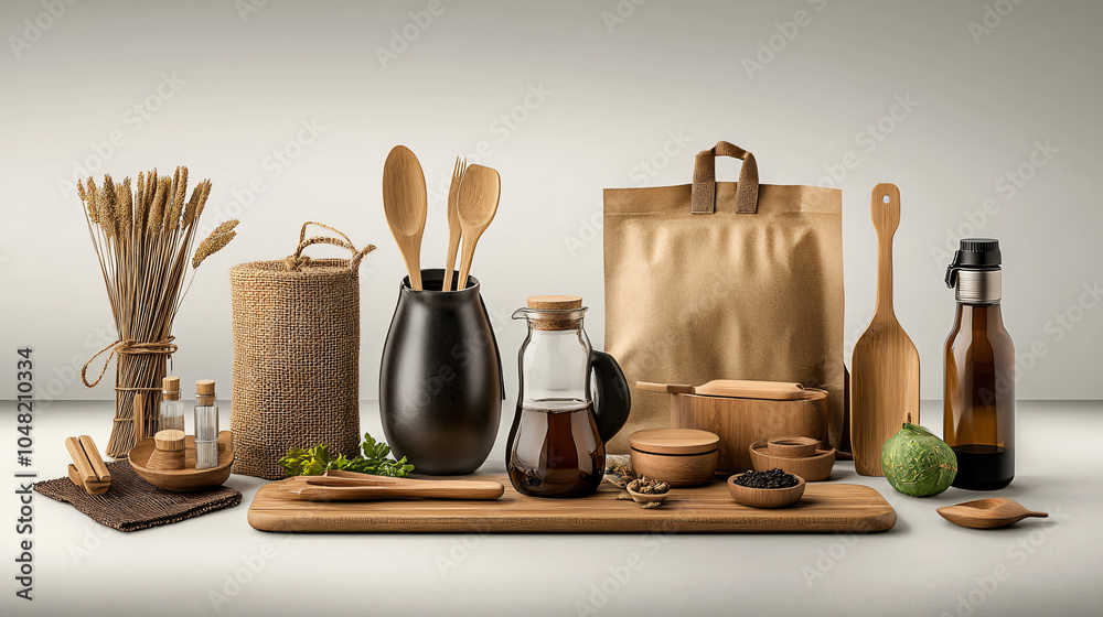 Eco friendly kitchen items arranged with soft light, featuring wooden utensils, glass containers, and natural decor elements. This setup emphasizes sustainability and minimalism Eco friendly kitchen items arranged with soft light, featuring wooden utensils, glass containers, and natural decor elements. This setup emphasizes sustainability and minimalism