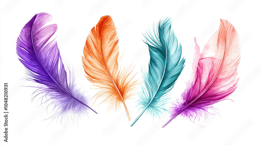 A colorful set of feathers are displayed in a row