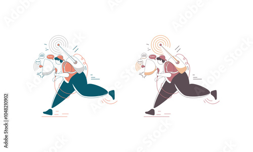 Two cartoon characters running while holding megaphones and spreading information