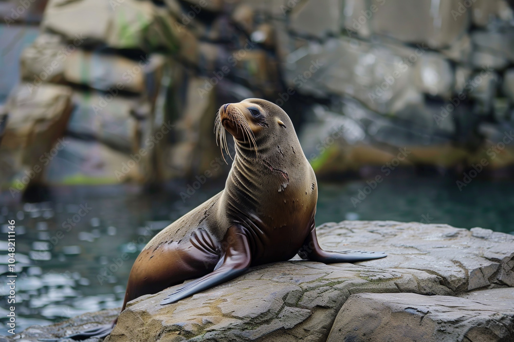 Fototapeta premium A seal is sitting on a rock in front of a large rock wall