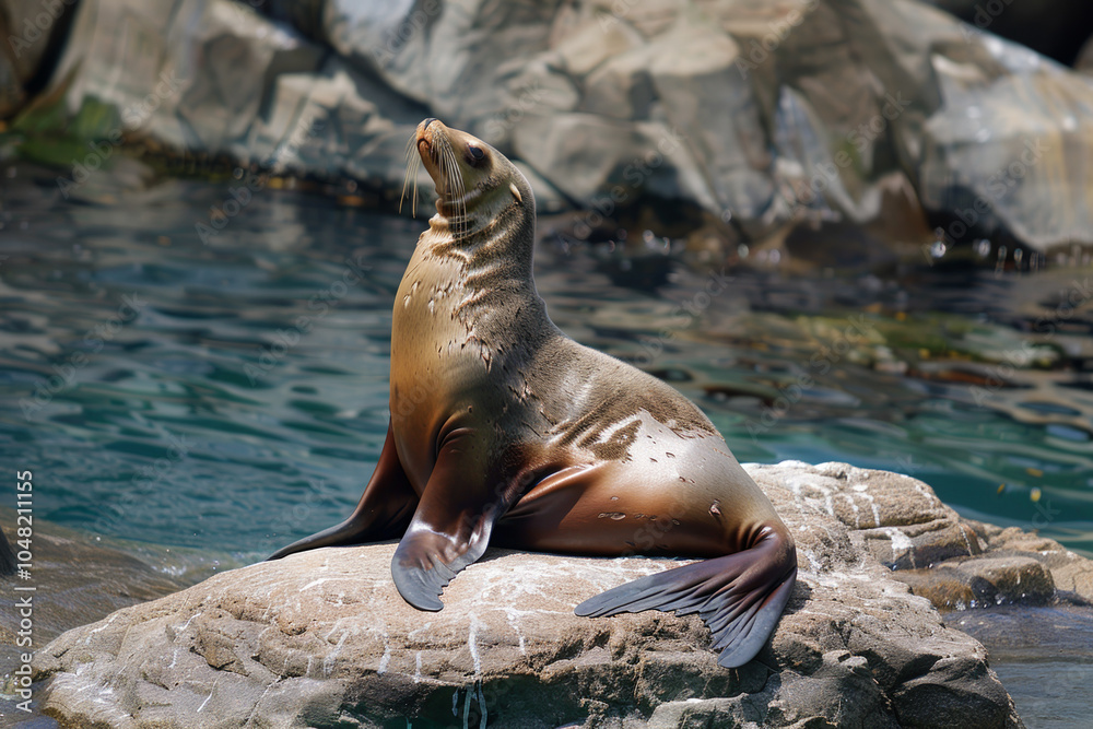 Fototapeta premium A seal is sitting on a rock in front of a body of water