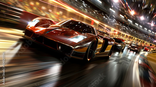 A car is racing on a track with other cars in the background