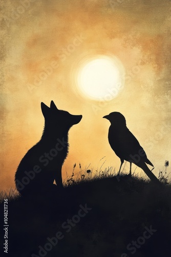 Silhouette of a fox and a bird against a sunset backdrop, symbolizing connection and nature.