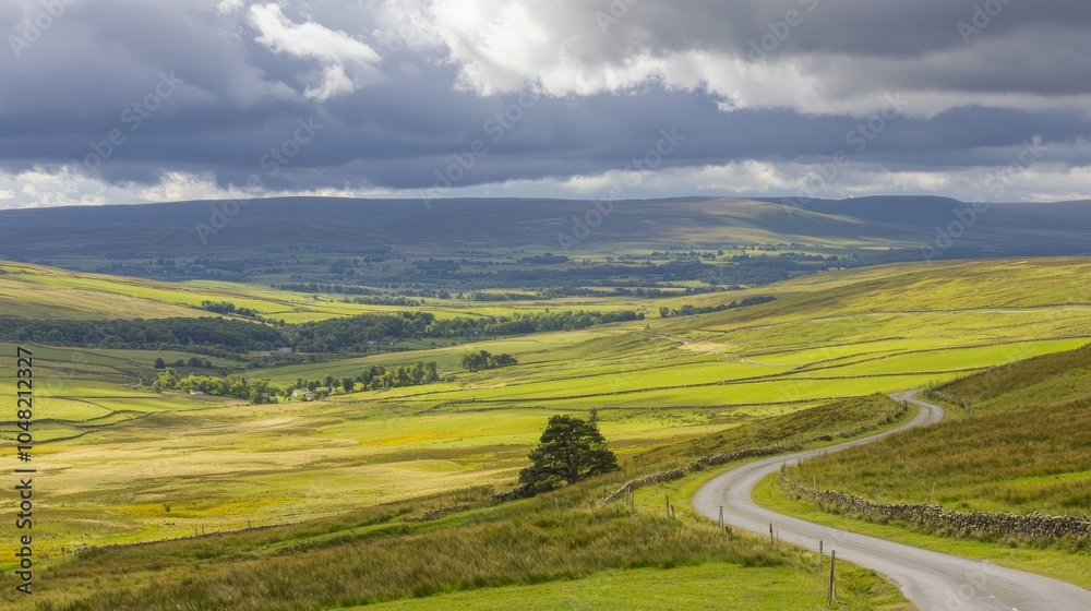 Majestic Rural Landscape with Winding Road and Approaching Thunderstorm in Ultra-Detailed View Majestic Rural Landscape with Winding Road and Approaching Thunderstorm in Ultra-Detailed View