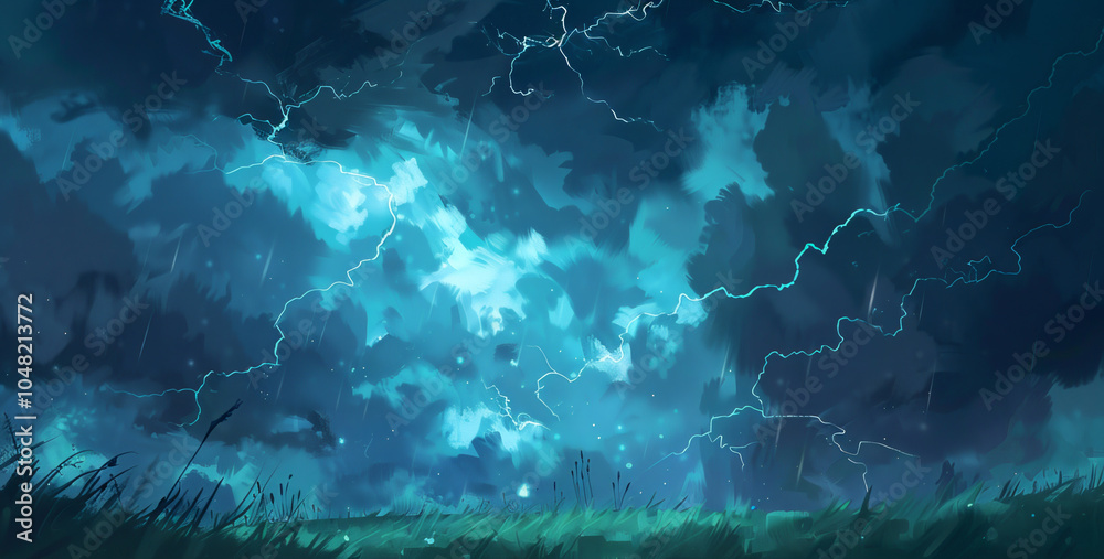 A painting of a stormy sky with lightning bolts A painting of a stormy sky with lightning bolts