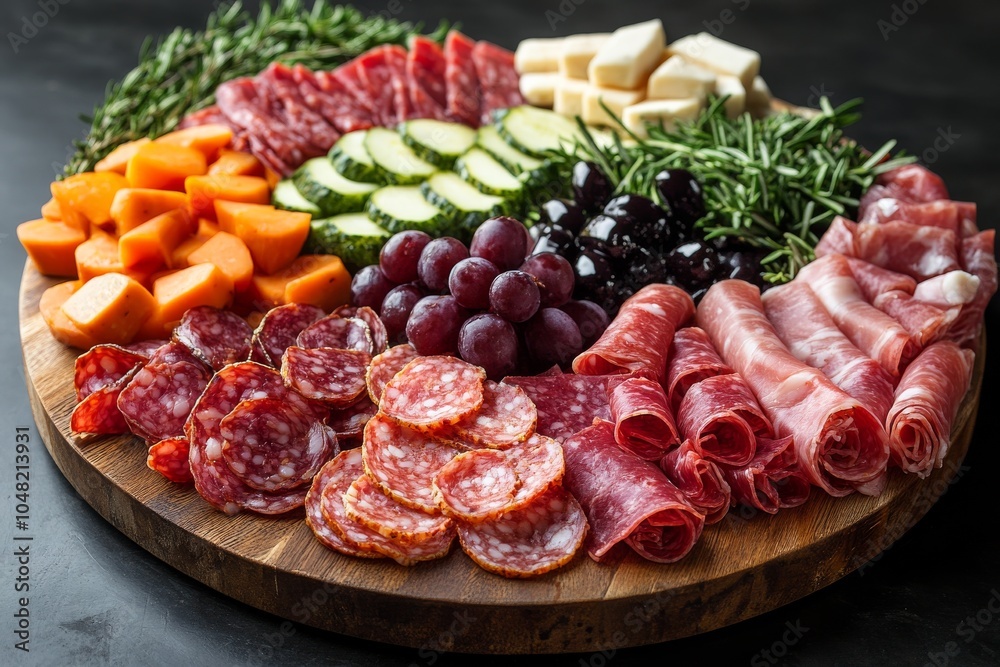 Top view of a round wooden platter with various charcuterie, cheese, and fruit. Top view of a round wooden platter with various charcuterie, cheese, and fruit.