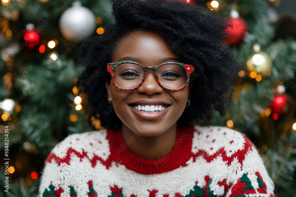 Smiling woman in ugly Christmas sweater. Smiling woman in ugly Christmas sweater.