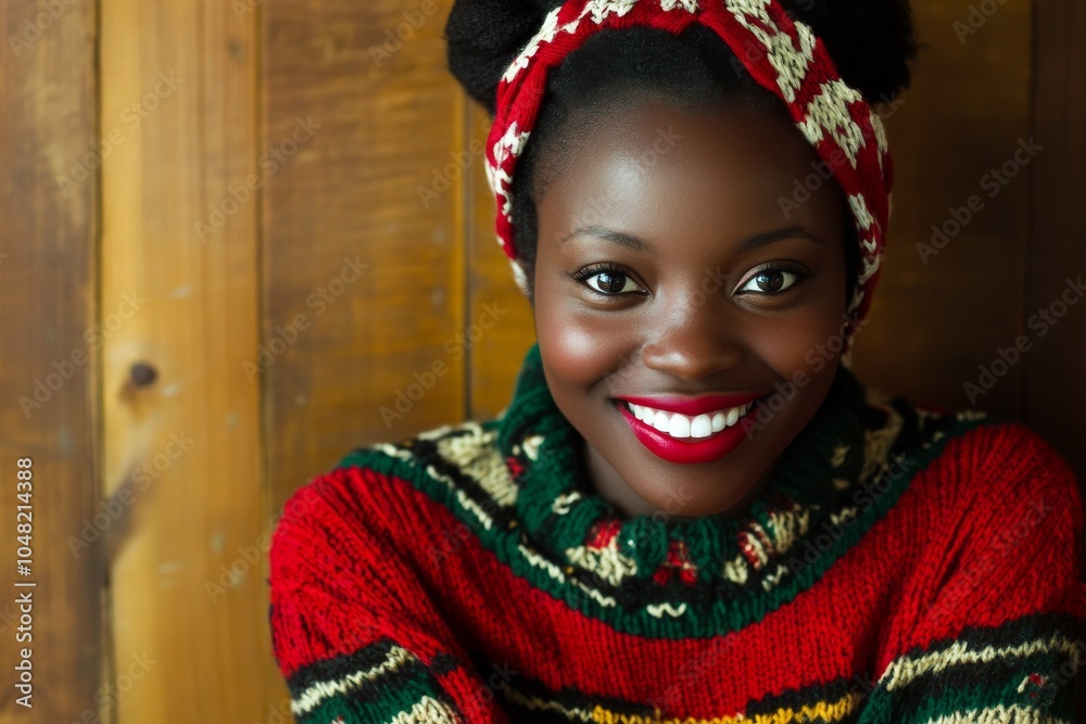Smiling woman in ugly Christmas sweater. Smiling woman in ugly Christmas sweater.