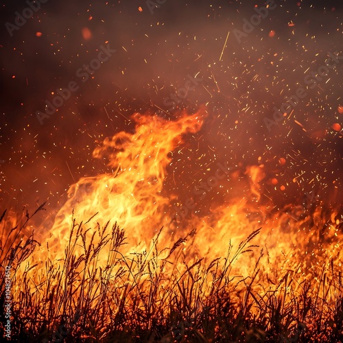 Rapidly Spreading Wildfire Consuming Tall Grass Field in Fiery Blaze Symbolizing Nature s Uncontrollable Force photo