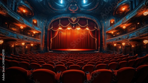 Beautiful theater with red velvet curtains and an illuminated stage, a classic theater interior