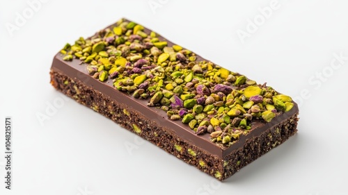 Dubai Chocolate Kunafa Pistachio on white background,Dubai Chocolate bar with green kadayif and pistachio spread,popular and viral chocolate 2024,space for text.